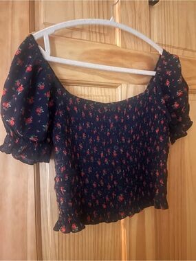aerie Smocked Puff-Sleeve Floral Button-Front Cropped Crop Top